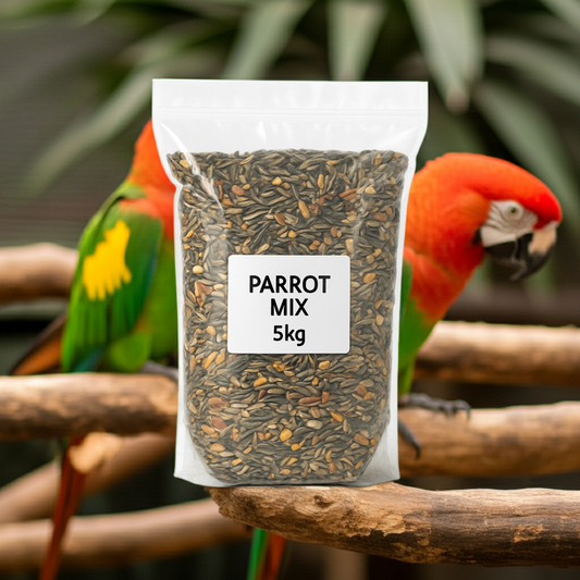 Bag of parrot mix with two parrots in the background